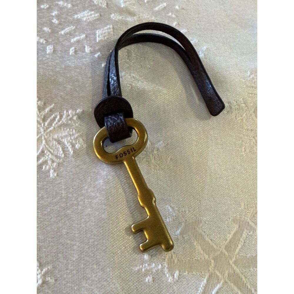 Brass Fossil Key on Brown Leather Strap for Handbag stamped on both sides